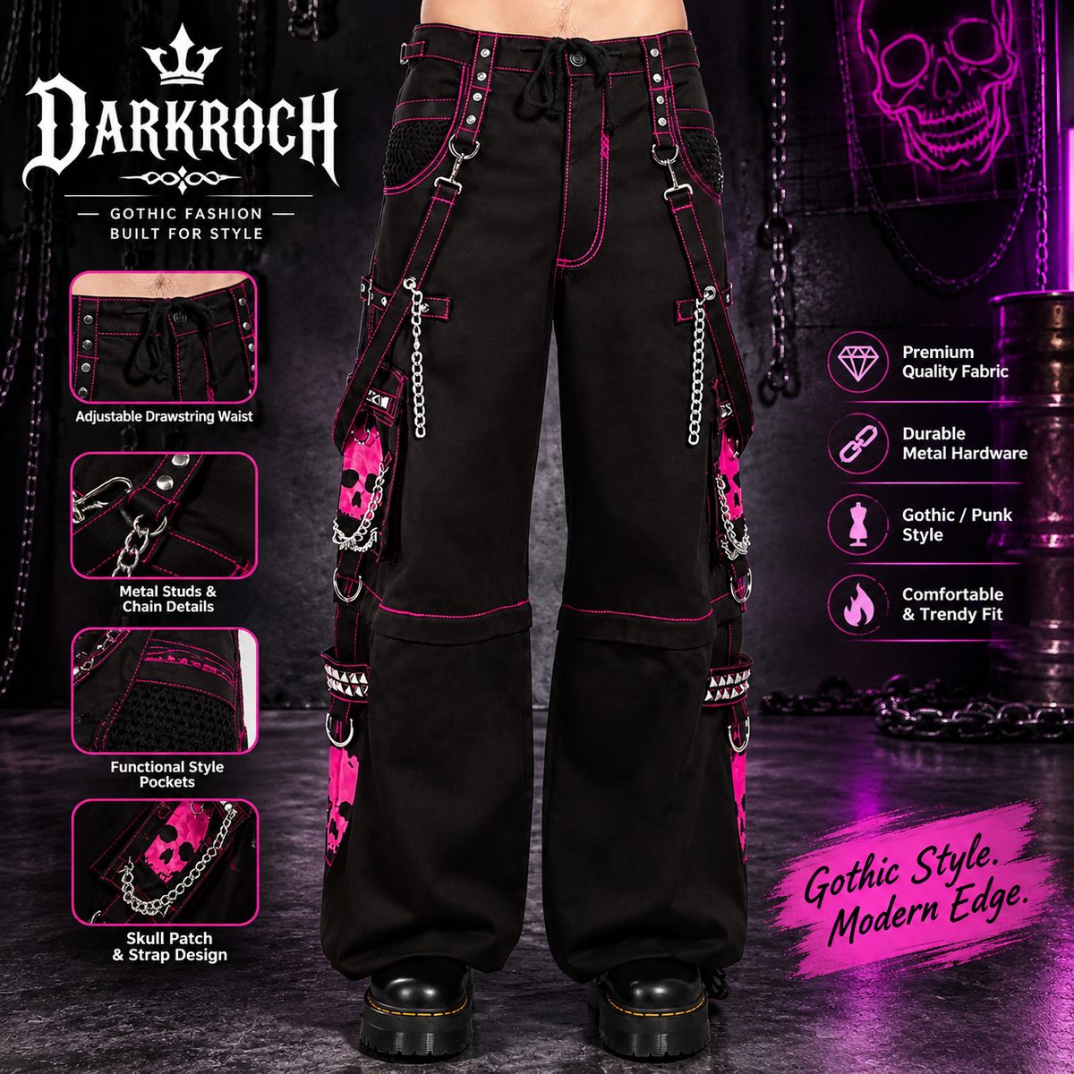 Gothic Bondage Super Skull Pant Pink Big Skull Men Pant Alternative Punk Rock Emo Trouser Pant Shorts