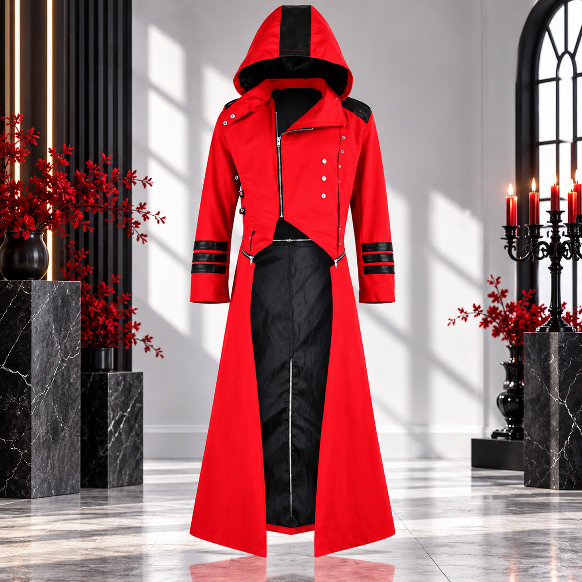 Scorpion Men's Punisher Hooded Trench Coat Long Jacket Red Black Gothic Steampunk
