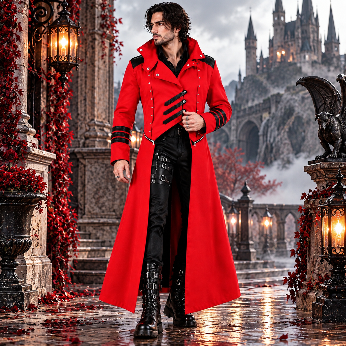 Scorpion Men's Punisher Hooded Trench Coat Long Jacket Red Black Gothic Steampunk