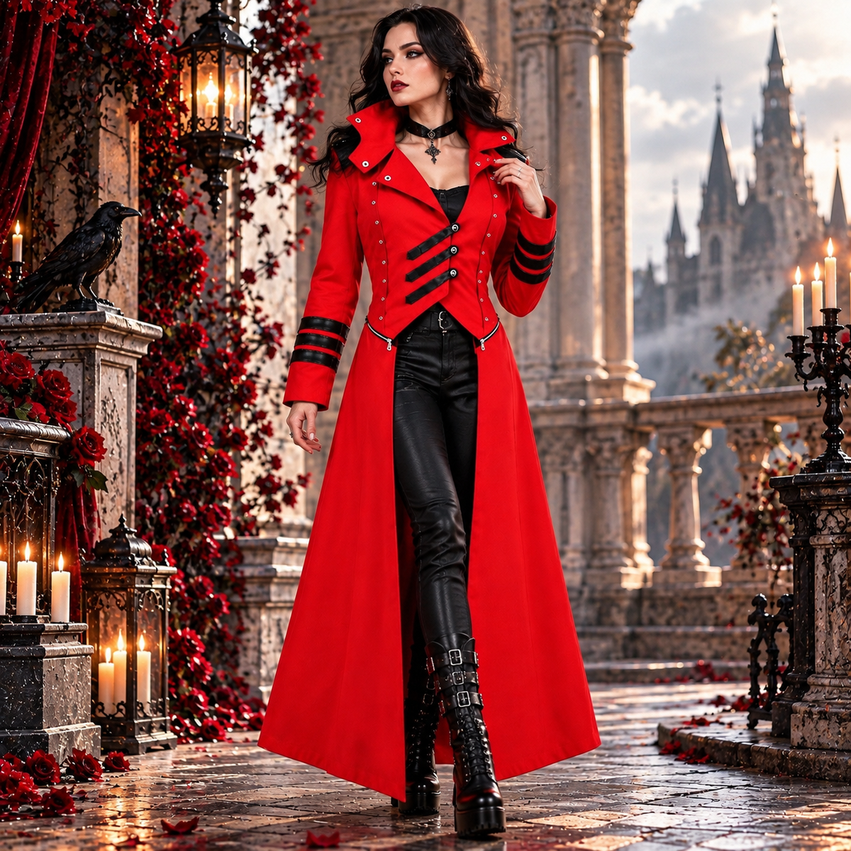 Scorpion Men's Punisher Hooded Trench Coat Long Jacket Red Black Gothic Steampunk