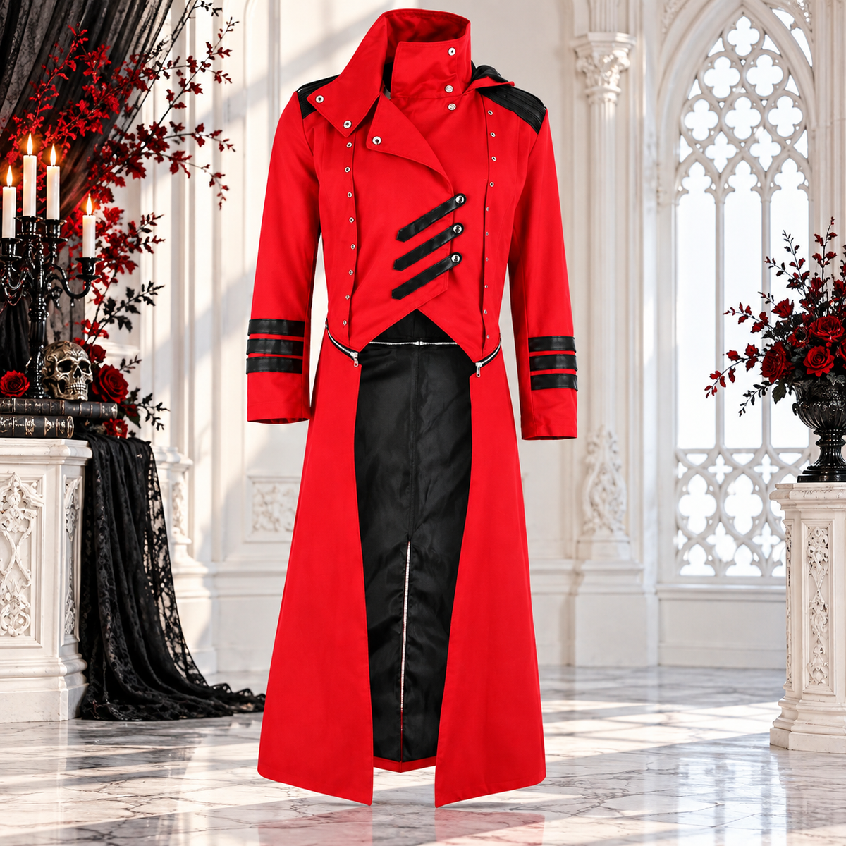 Scorpion Men's Punisher Hooded Trench Coat Long Jacket Red Black Gothic Steampunk