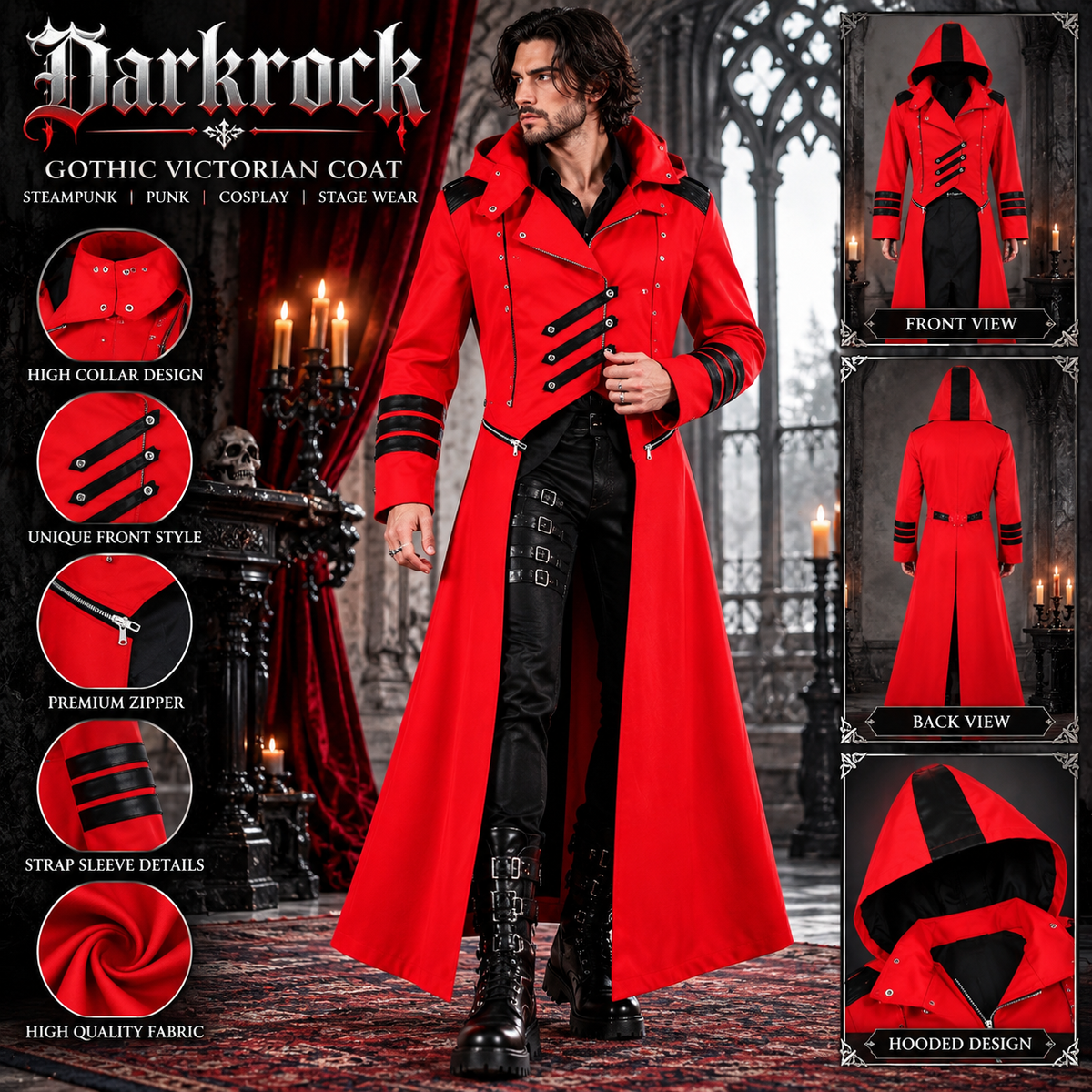 Scorpion Men's Punisher Hooded Trench Coat Long Jacket Red Black Gothic Steampunk