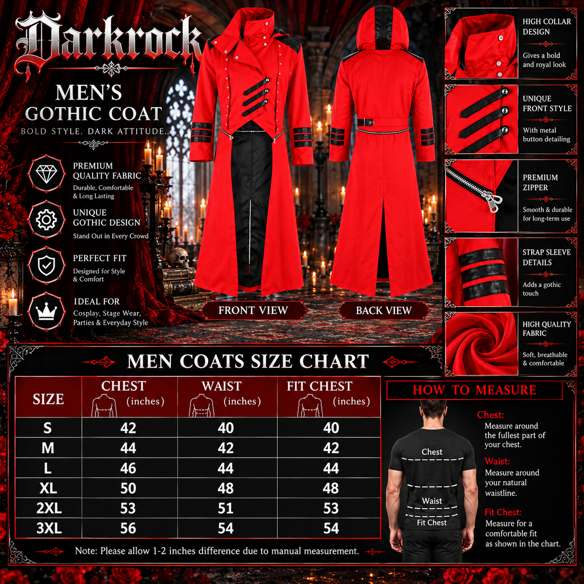 Scorpion Men's Punisher Hooded Trench Coat Long Jacket Red Black Gothic Steampunk