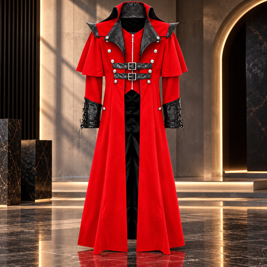 Gothic Steampunk Military Red Jacket Men's Punk Highwayman Regency Long Coat