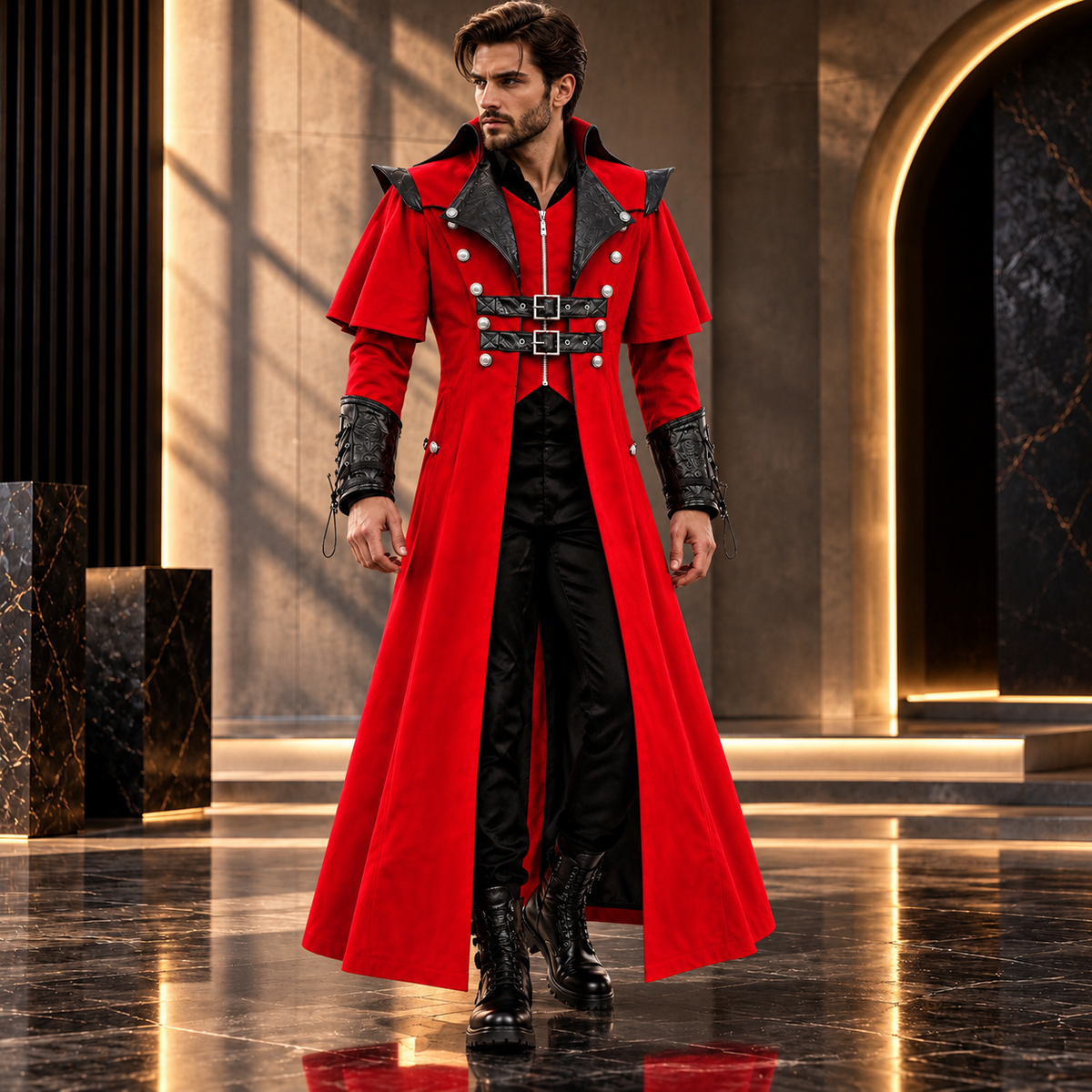 Gothic Steampunk Military Red Jacket Men's Punk Highwayman Regency Long Coat