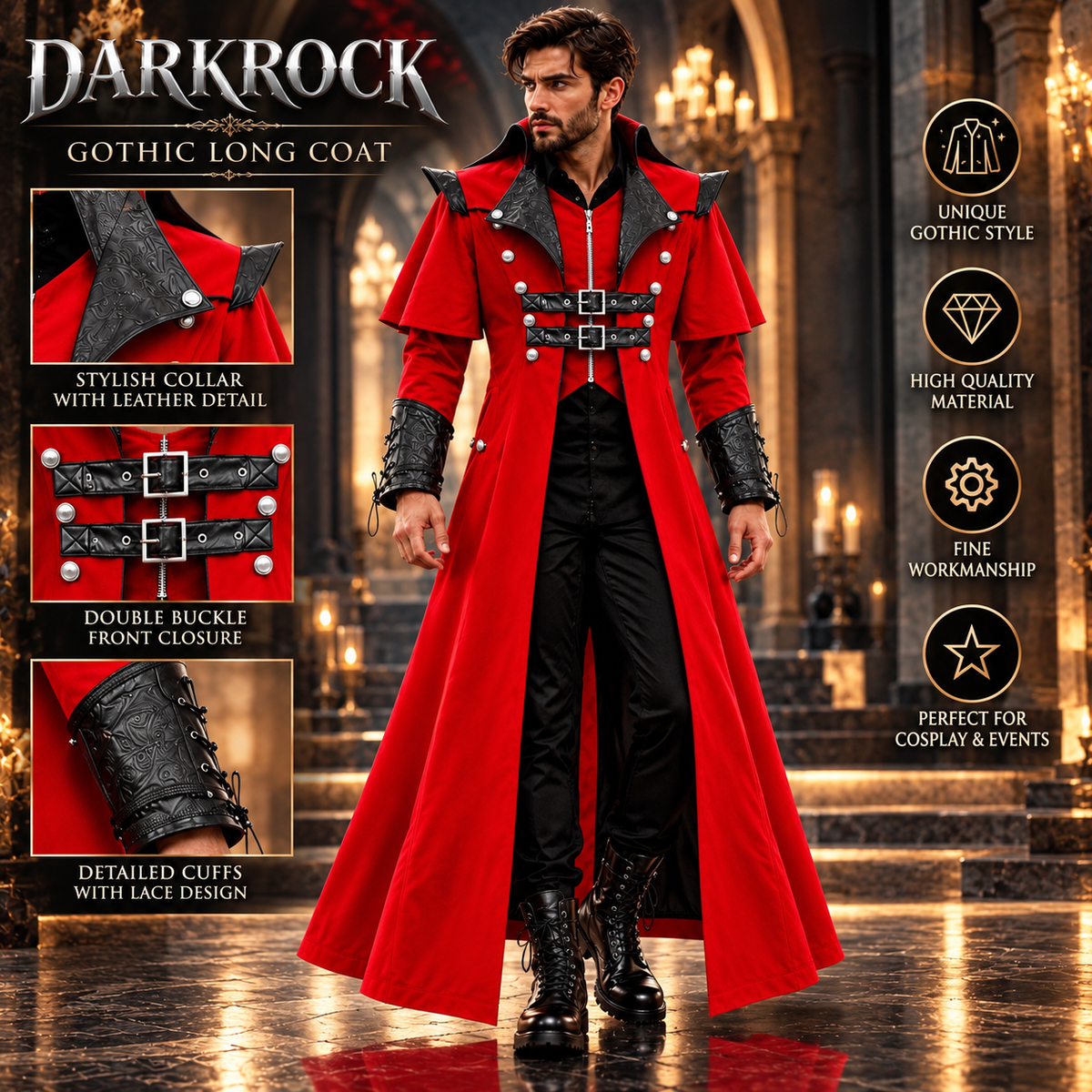 Gothic Steampunk Military Red Jacket Men's Punk Highwayman Regency Long Coat