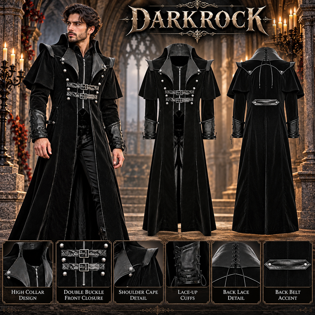 Gothic Steampunk Military Black Jacket Men's Punk Highwayman Regency Long Coat