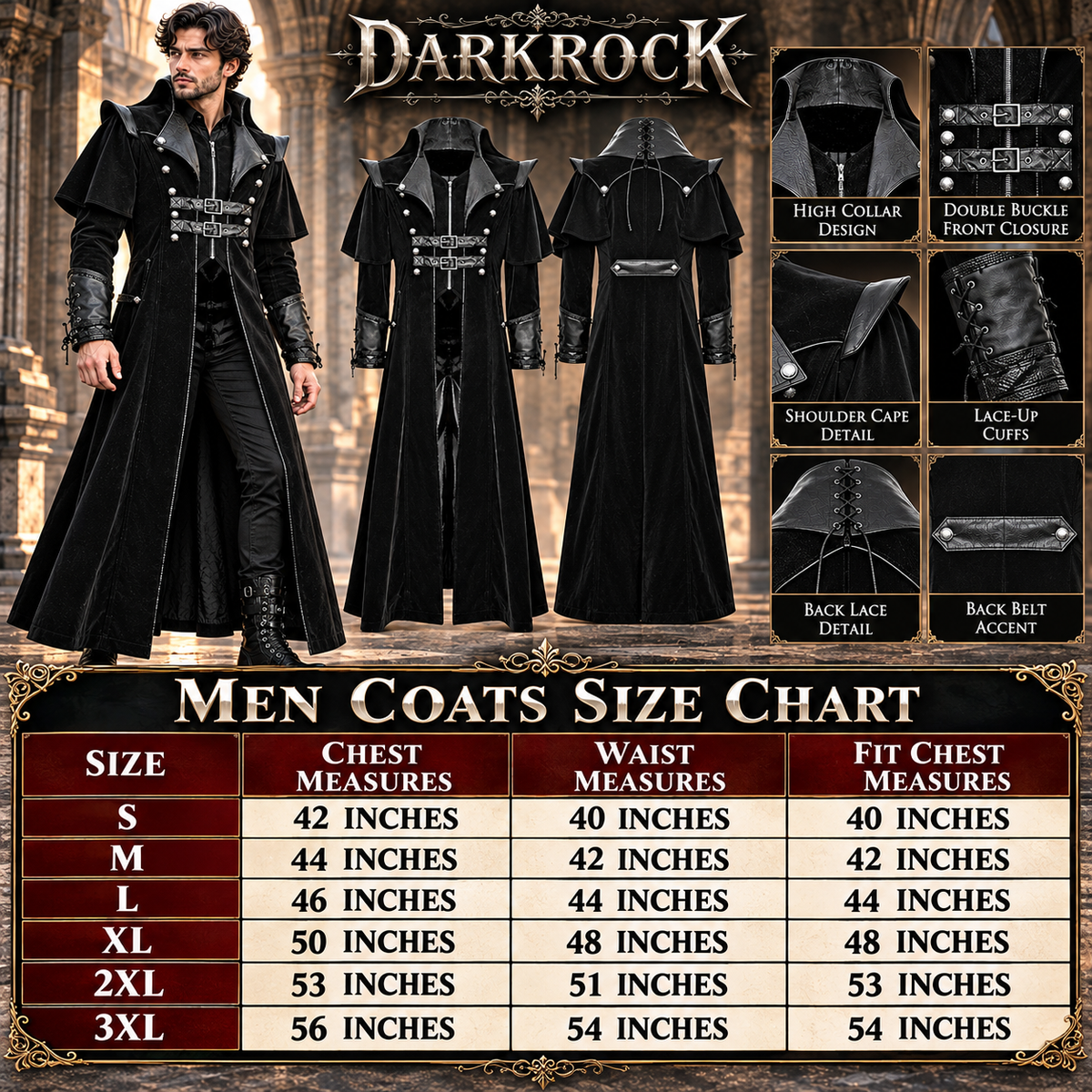 Gothic Steampunk Military Black Jacket Men's Punk Highwayman Regency Long Coat