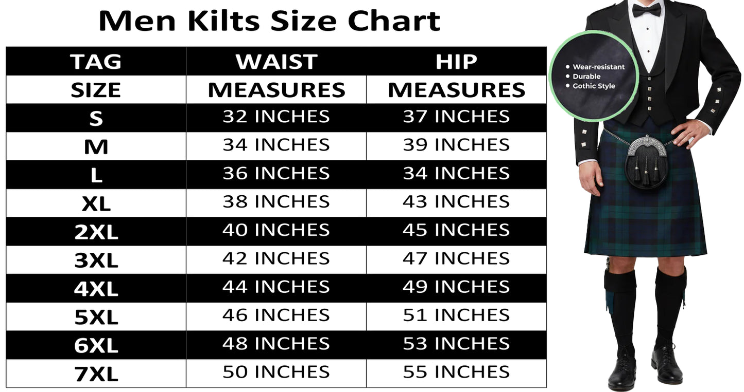 Men's 6 Yard Scottish Traditional Black Watch Kilts Tartan Highland Kilt 22 Tartans