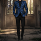 Men's Blue Brocade Floral Suit Notched Lapel Slim Fit Stylish Blazer