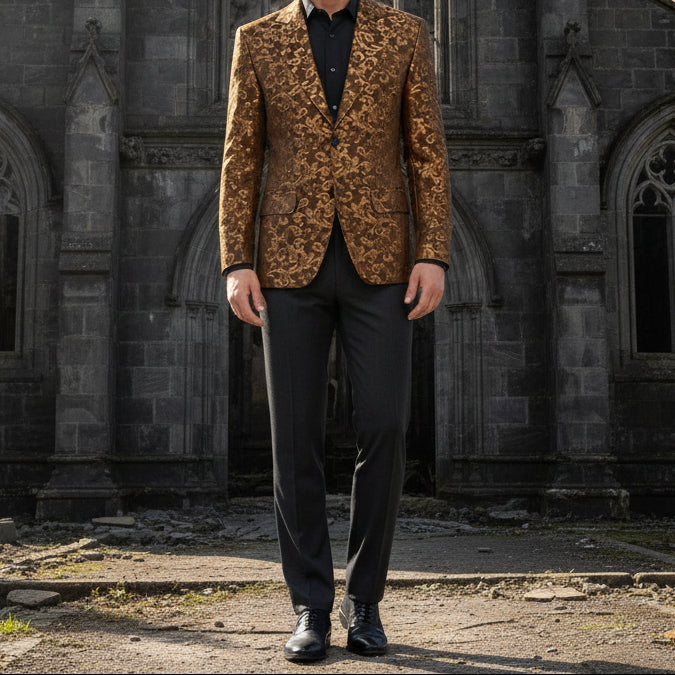 Men's Gold Brocade Floral Suit Notched Lapel Slim Fit Stylish Blazer