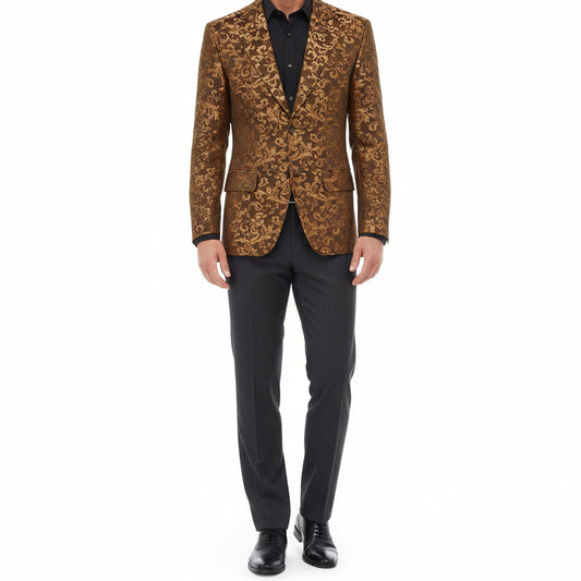 Men's Gold Brocade Floral Suit Notched Lapel Slim Fit Stylish Blazer