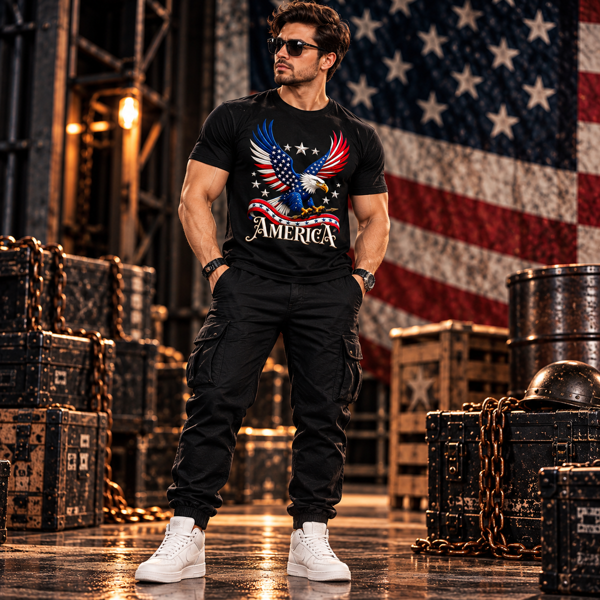 Men's Patriotic Eagle Graphic T-Shirt American Flag Black Streetwear Tee