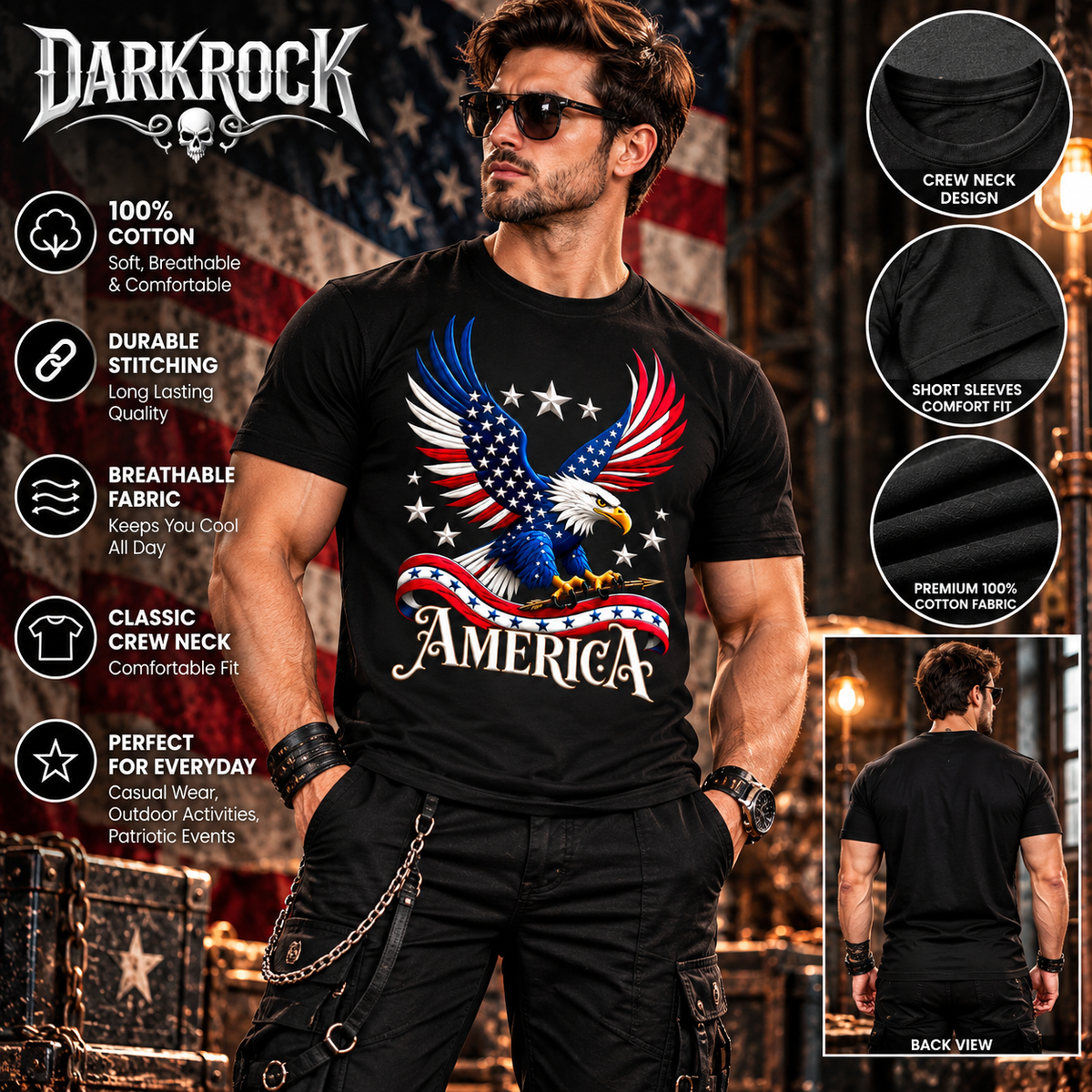 Men's Patriotic Eagle Graphic T-Shirt American Flag Black Streetwear Tee