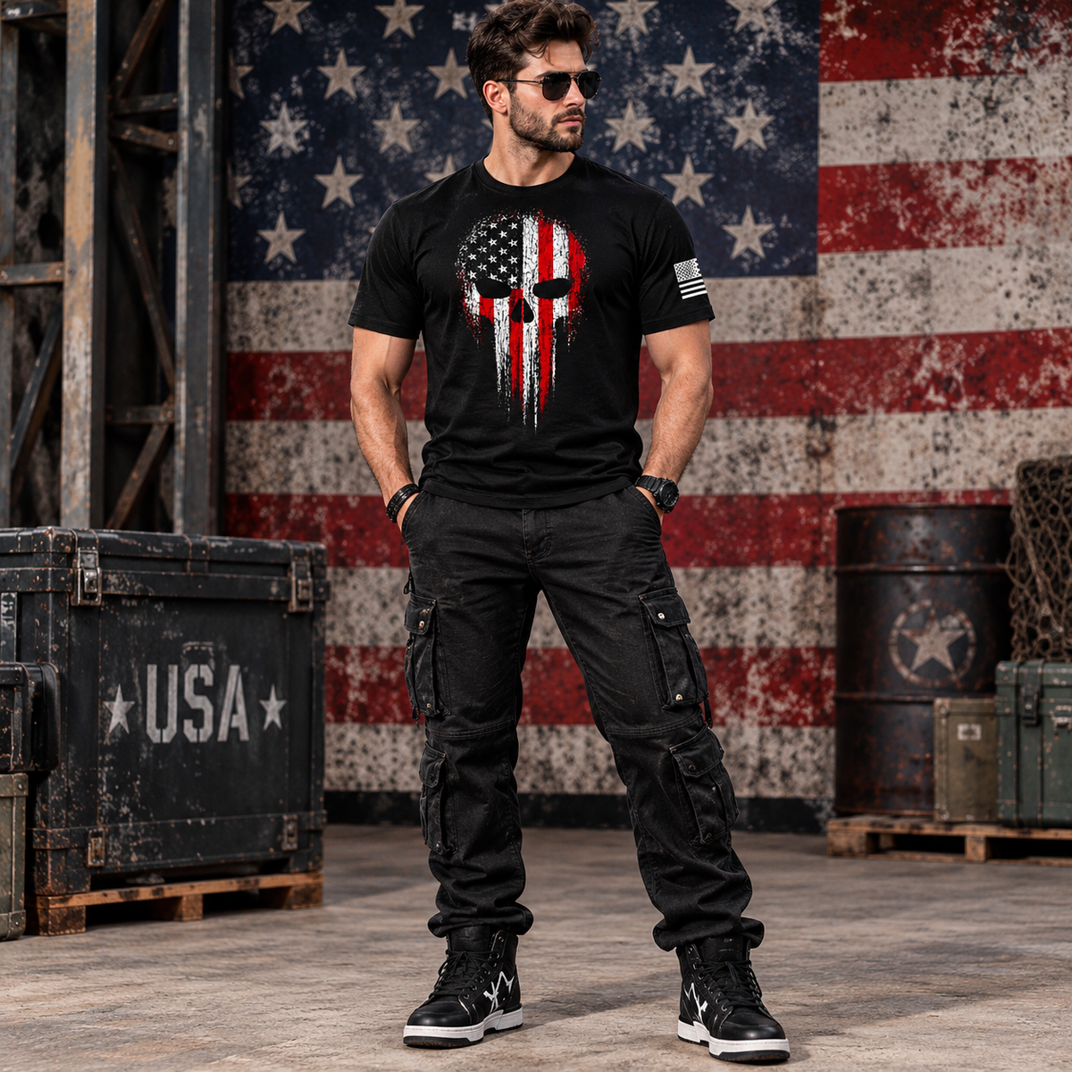 USA Military American Skull Flag Patriotic Men’s T-Shirt