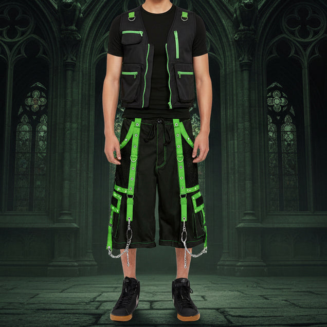 Gothic Men's Handmade Handcuff Green Bondage Cyber Chain Shorts