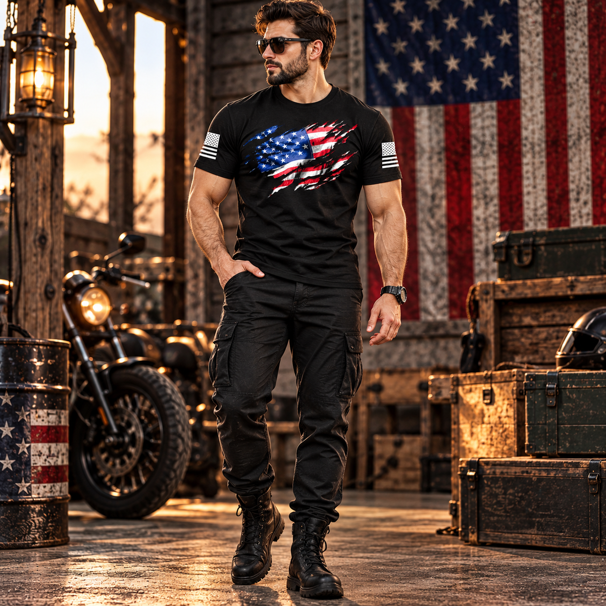 Still Standing American Flag T-Shirt for Men's Black Patriotic Graphic Tee