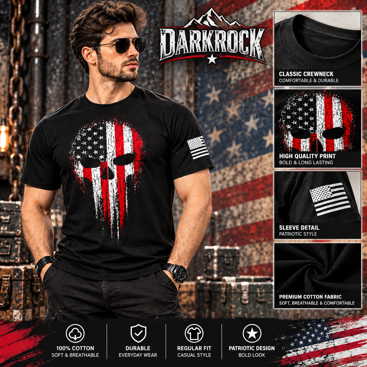 USA Military American Skull Flag Patriotic Men’s T-Shirt