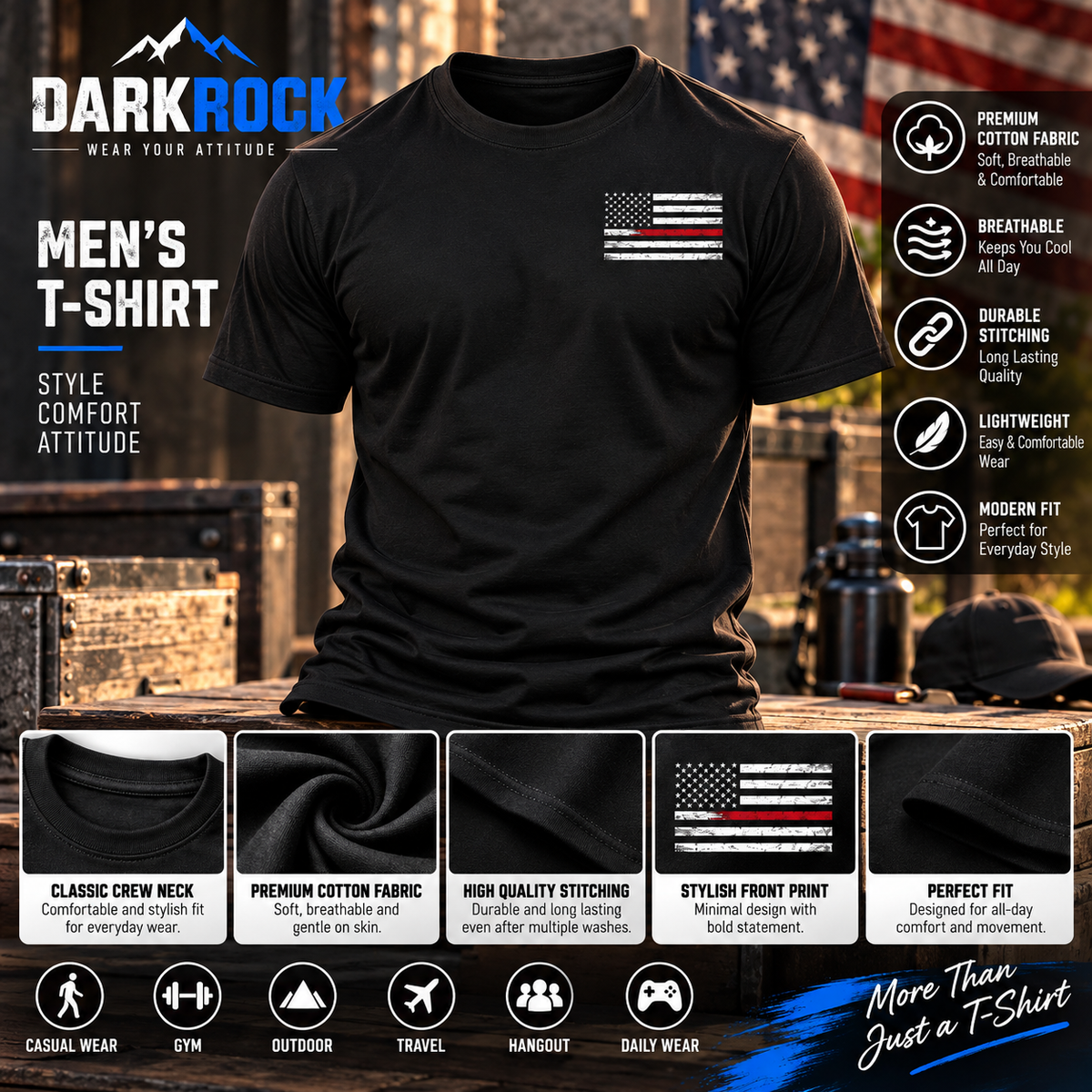 Black Thin Red Line American Flag T-Shirt Patriotic Graphic Tee