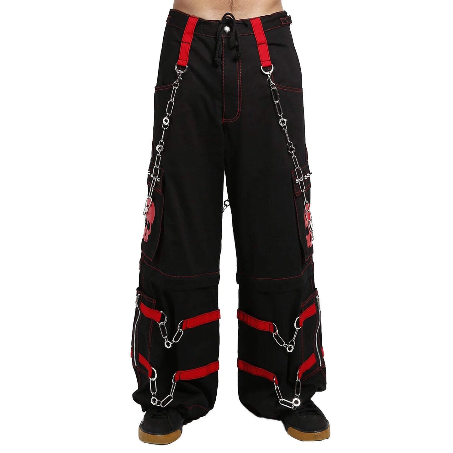 Gothic Bondage Black Skull Zip Off Pants Black &amp; Amp Red Alternative Punk Rock Emo Trouser Pant/Usa