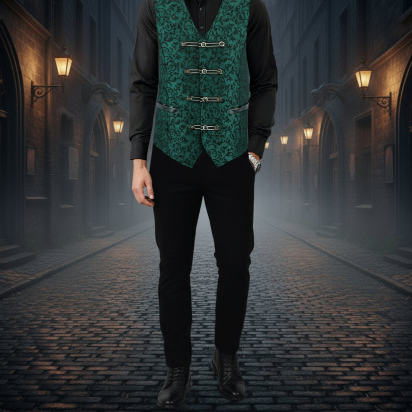 Premium Men's Vest Waistcoat Green Damask Velvet Goth Steampunk VTG/Brocade Vest