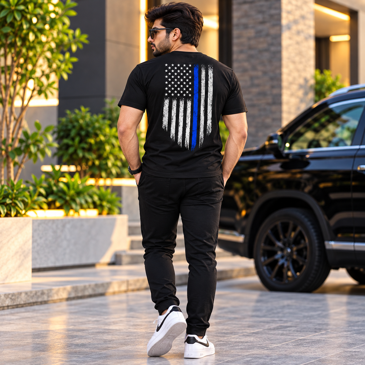 Thin Blue Line Flag Shirt for Men's Distressed American Flag Graphic Tee