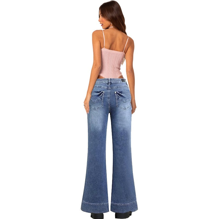 Flamingals Low Rise Straight Leg Wide Leg Baggy Jeans Women Stretch Boyfriend Butterfly Flare Denim Pants