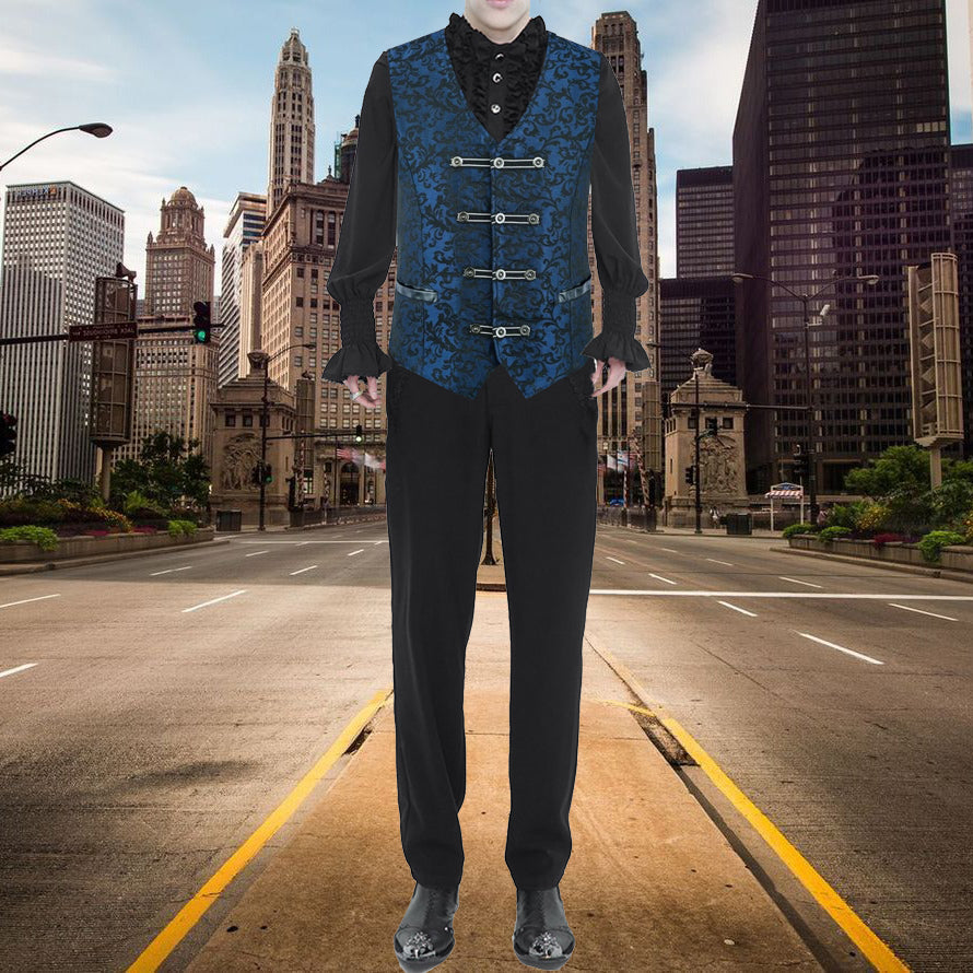 Premium Men's Vest Waistcoat Blue Damask Velvet Goth Steampunk VTG/Brocade Vest