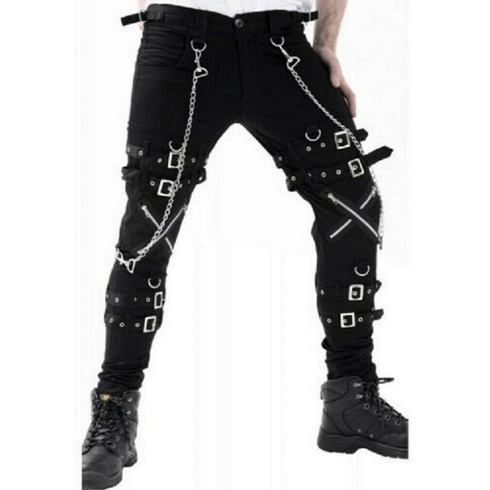 Women Gothic BONDAGE ROCK Black Punk Buckle Zips Chain Strap TrouserTRIPP PANTS (1)