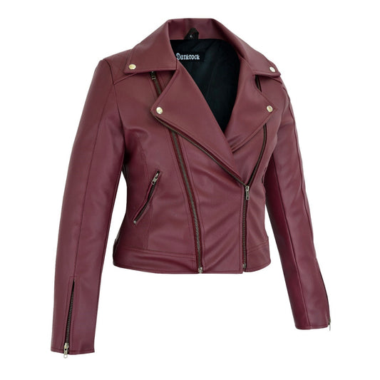 Women's Maroon Slim Fit Biker Style Moto Faux Leather Jacket (3)