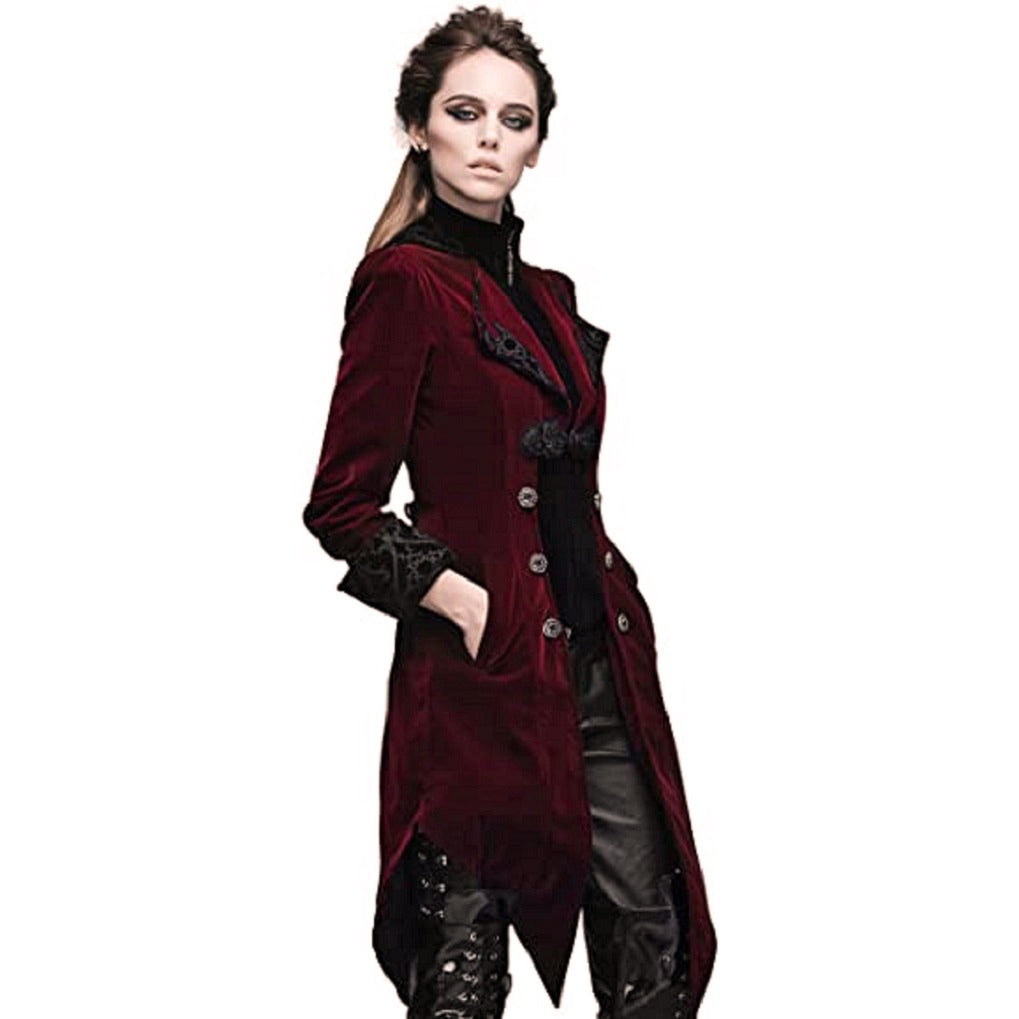 Women's Steampunk Swallow Tailcoat Gothic Long Winter Burgundy Velvet Coat