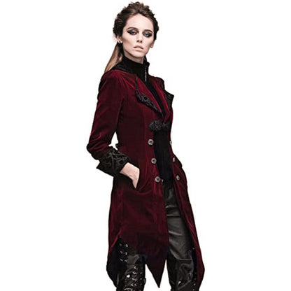 Women's Steampunk Swallow Tailcoat Gothic Long Winter Burgundy Velvet Coat
