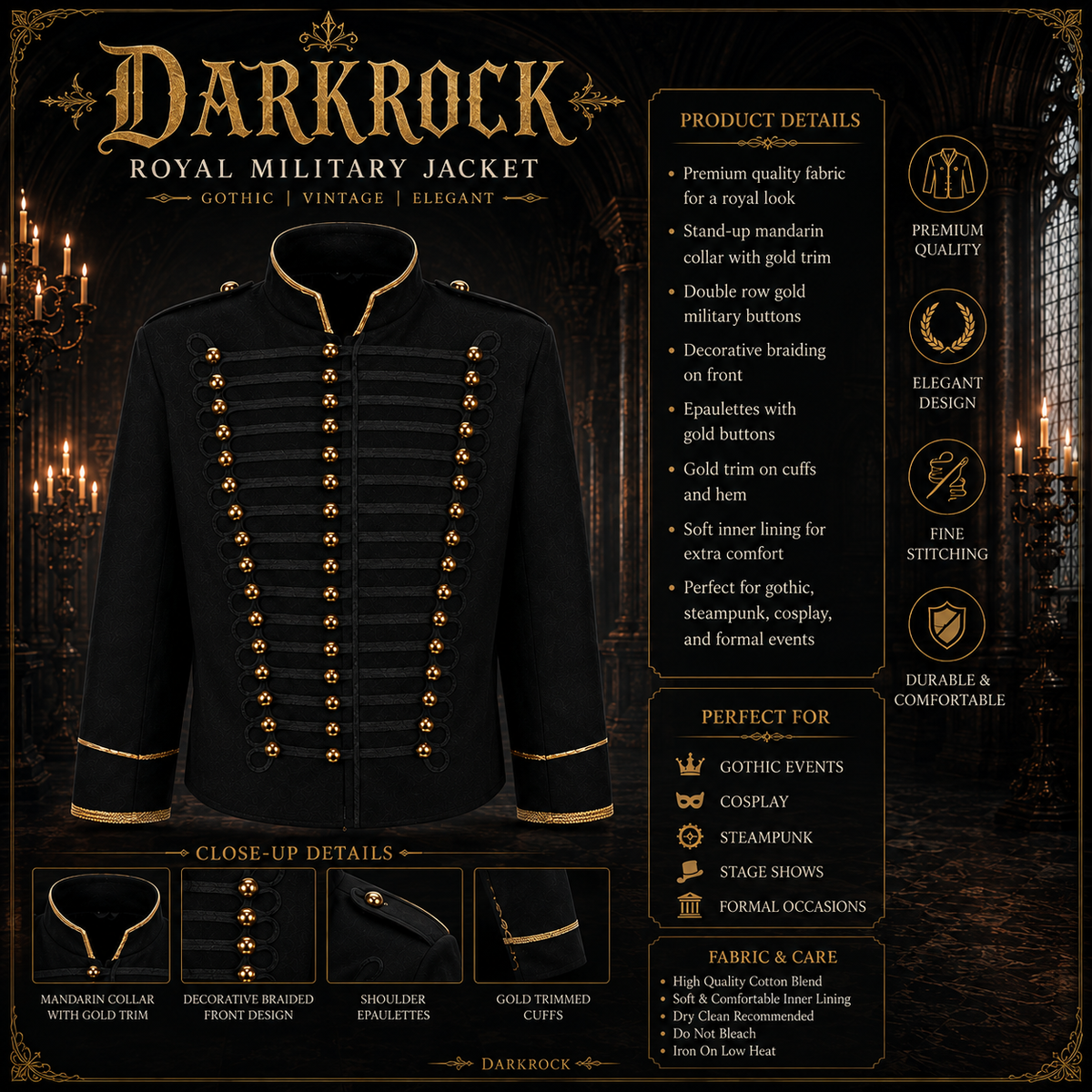 Military Drummer Jacket Parade Jacket Goth Punk Adam Ant VTG Style Black & amp Gold Jacket USA