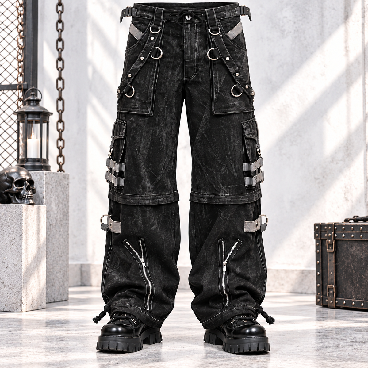 Gothic Black & Amp Grey Overdyed Zip Off Pants