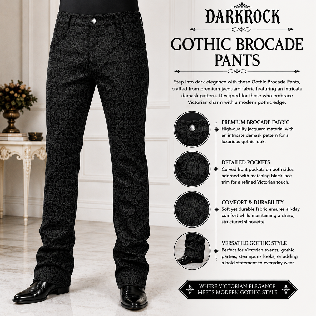Men Trousers Pants Black Brocade Steampunk VTG Vintage Gothic Victorian