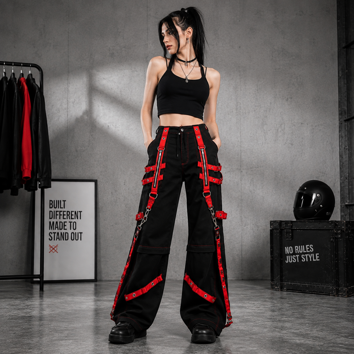 Men's Extreme Bondage Red Skater Gothic Punk Rocker Cyber Goth Steampunk Biker Pant