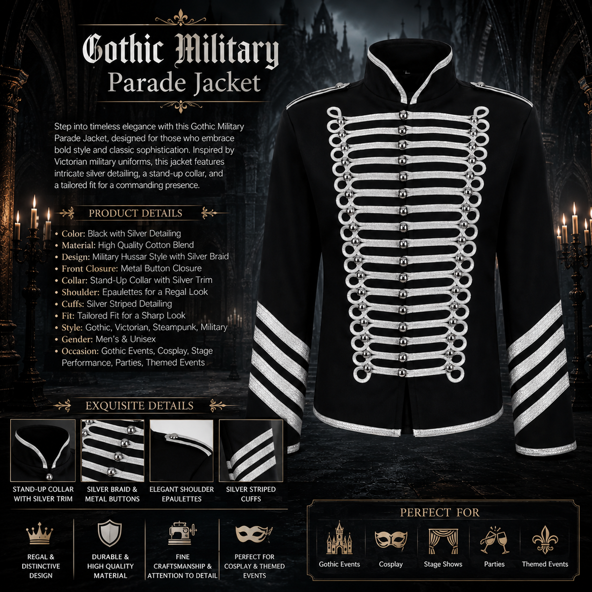 Prime Quality Handmade Men's Gothic Military Hussar Jacket Black Silver/USA