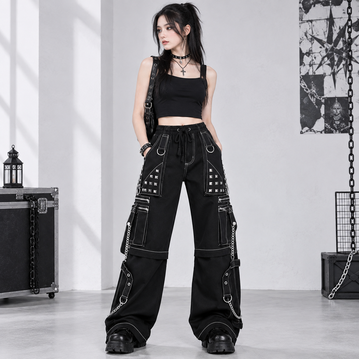 Prime Quality Gothic Men's Black Bondage Gothic Cyber Pant Chain Techno Rock Punk Shorts Trouser Pants USA