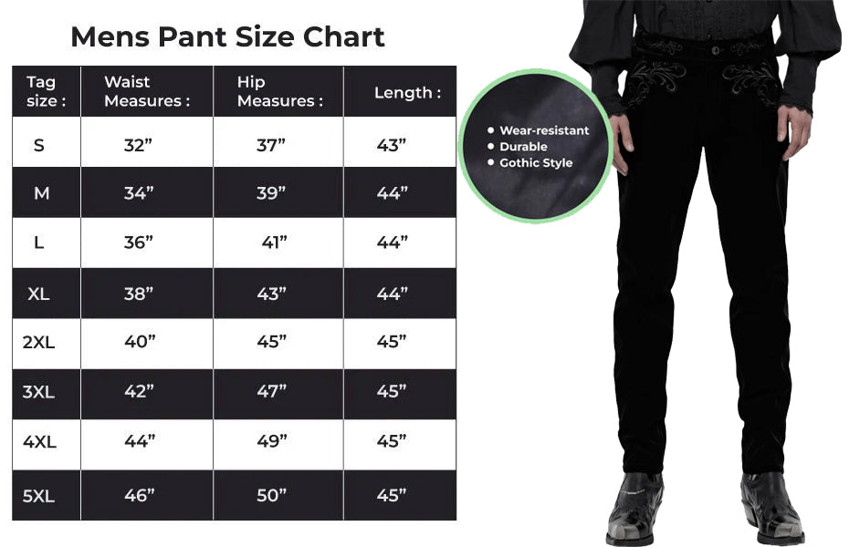 Men's Black Velvet Embroidery Gothic Regency Dress Pants /Velvet Pant