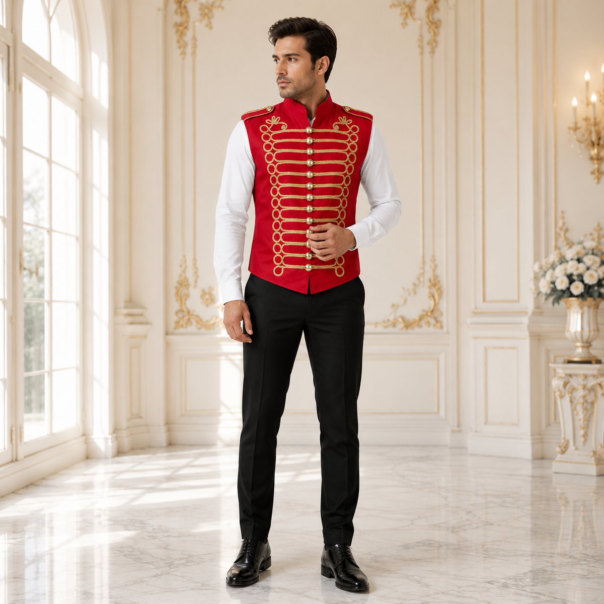 Men's Military Hussar Sleeveless Vest Red & Gold Jacket Free Shipping Usa