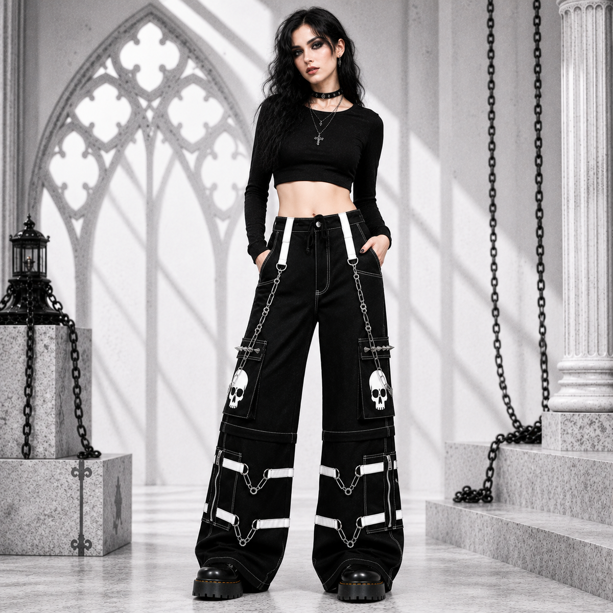 Gothic Bondage Black Skull Zip Off Pants Black & Amp White Alternative Punk Rock Emo Trouser Pant Usa