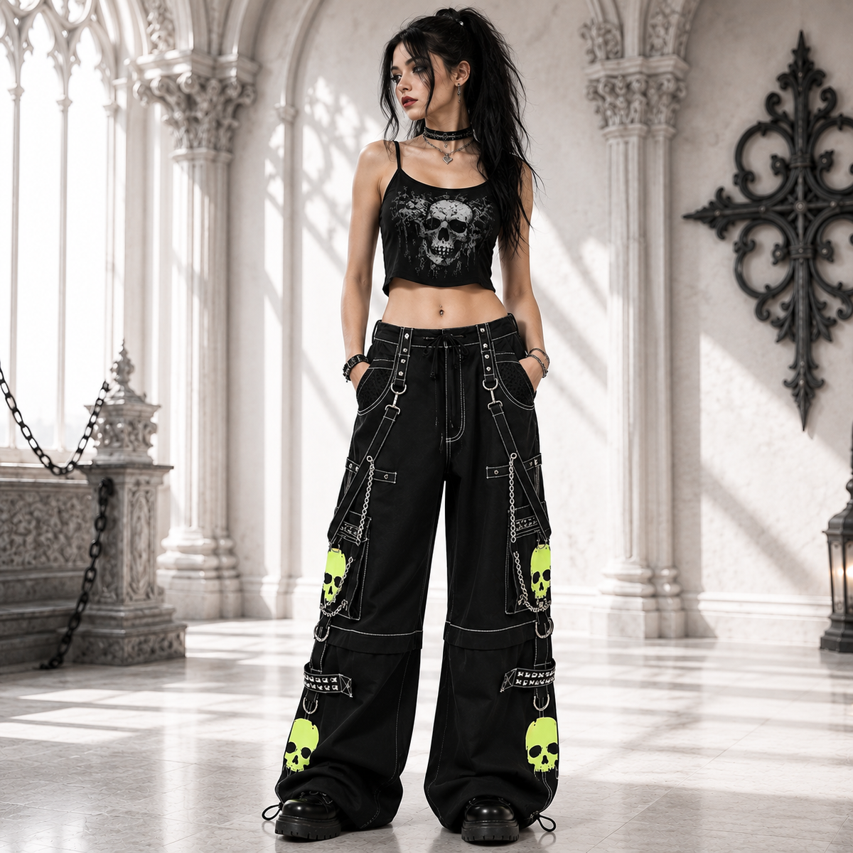 Gothic Bondage Black Lime Big Skull Men Pant Alternative Punk Rock Jeans Emo Trouser Pant Shorts USA