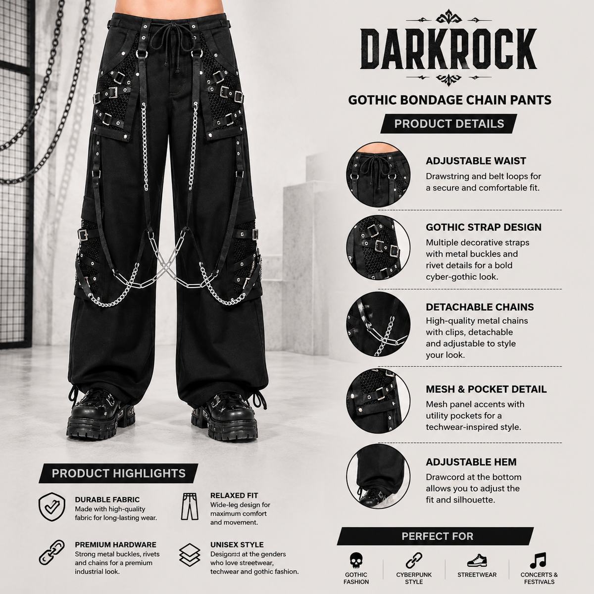 Goth Pant  Bondage Skater Gothic Punk Rocker Cyber Steampunk Biker Pant/Usa