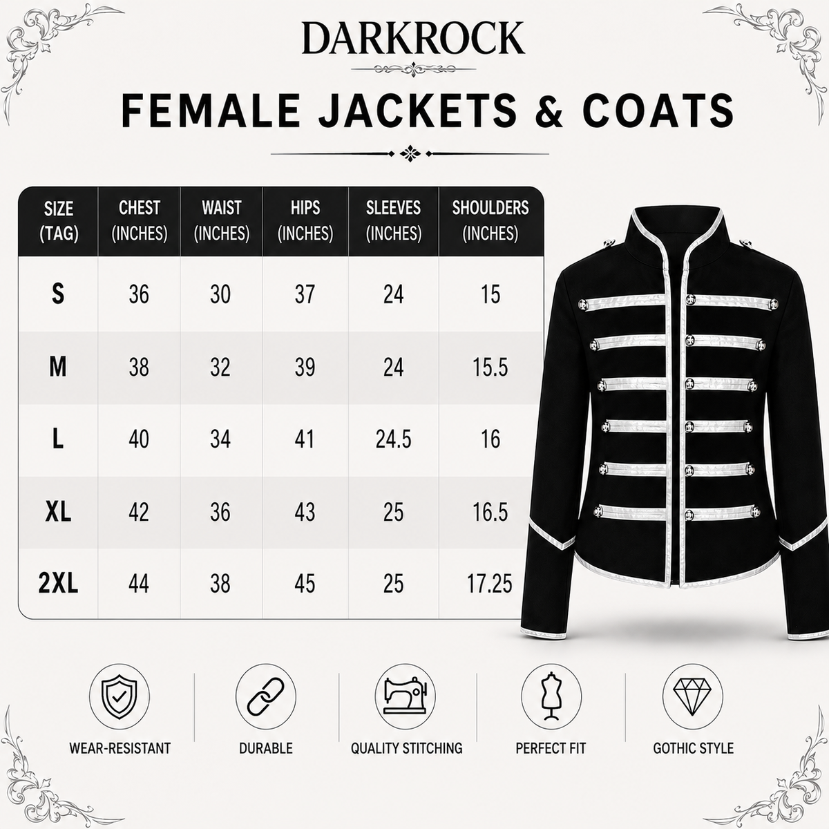 Prime Quality Handmade Women's Black Silver Parade Ladies Jacket Steampunk Military Punk Rock Gothic