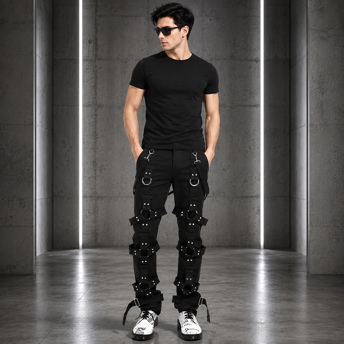 Prime Quality Men Gothic Bondage Pant Alternative Punk Rock Emo Harness Pants Black/USA