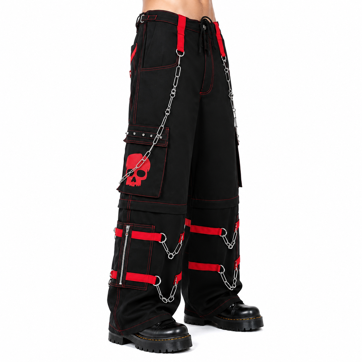 Gothic Bondage Black Skull Zip Off Pants Black Amp Red Alternative Punk Rock Emo Trouser Pant/Usa