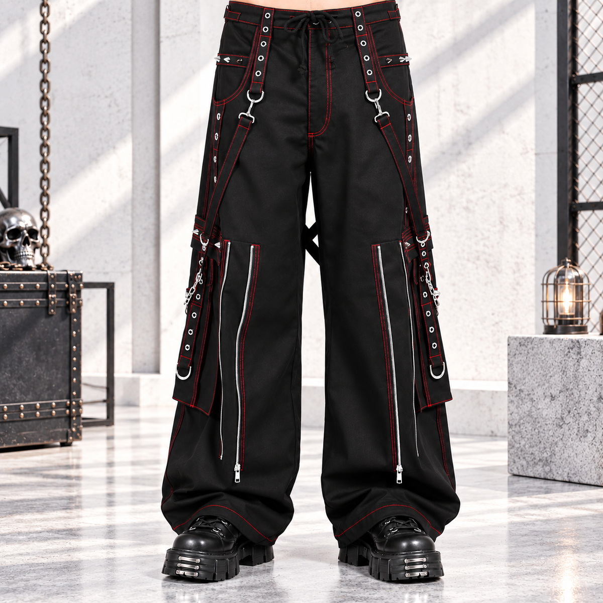 Gothic Mens Black Bondage Red Back Skull Punk Rock Pants