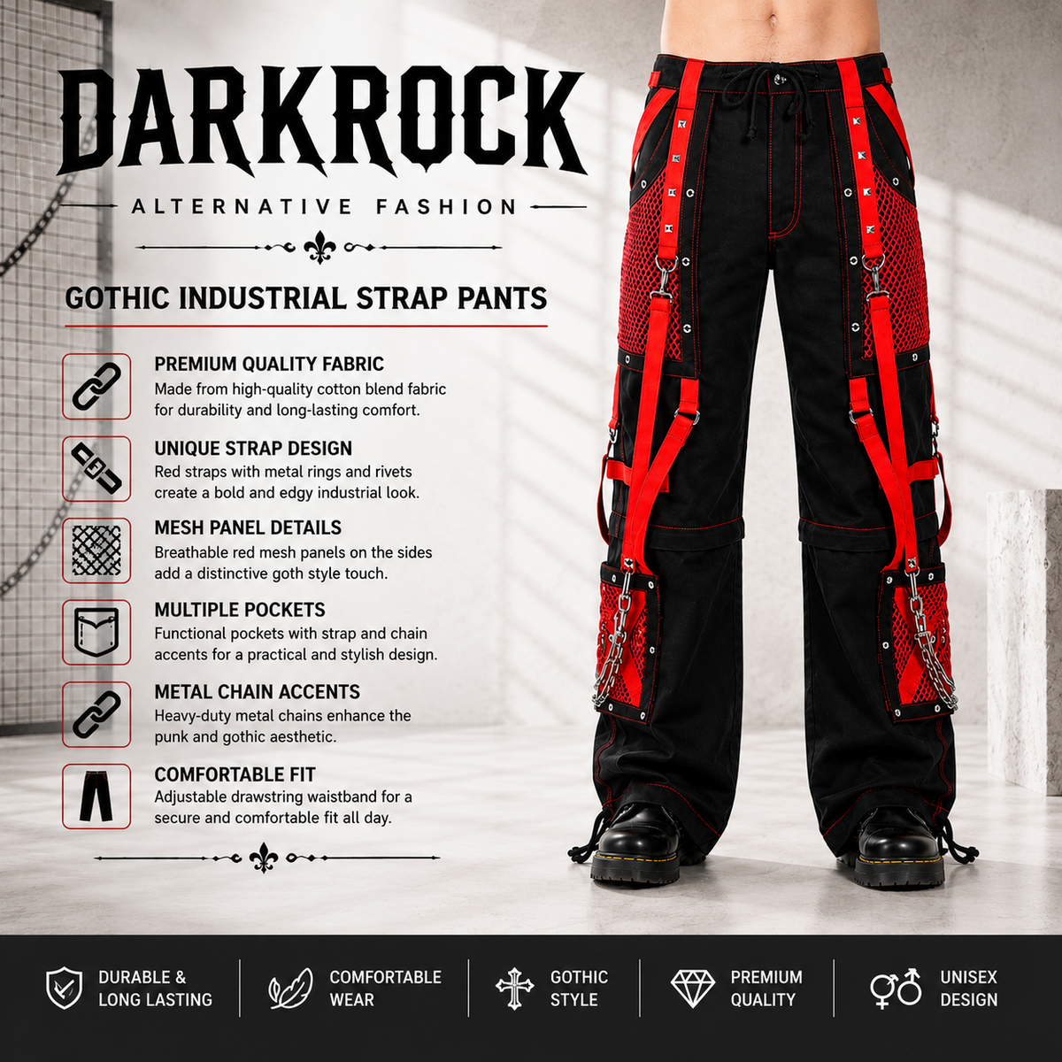Black/Red Jeans Extreme Bondage Rocker Cyber Goth Steampunk Pant Usa