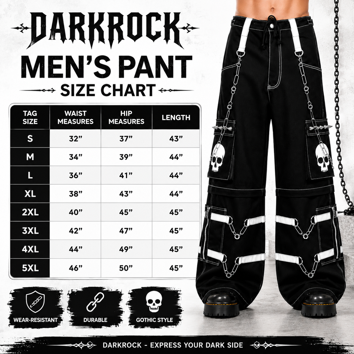 Gothic Bondage Black Skull Zip Off Pants Black & Amp White Alternative Punk Rock Emo Trouser Pant Usa
