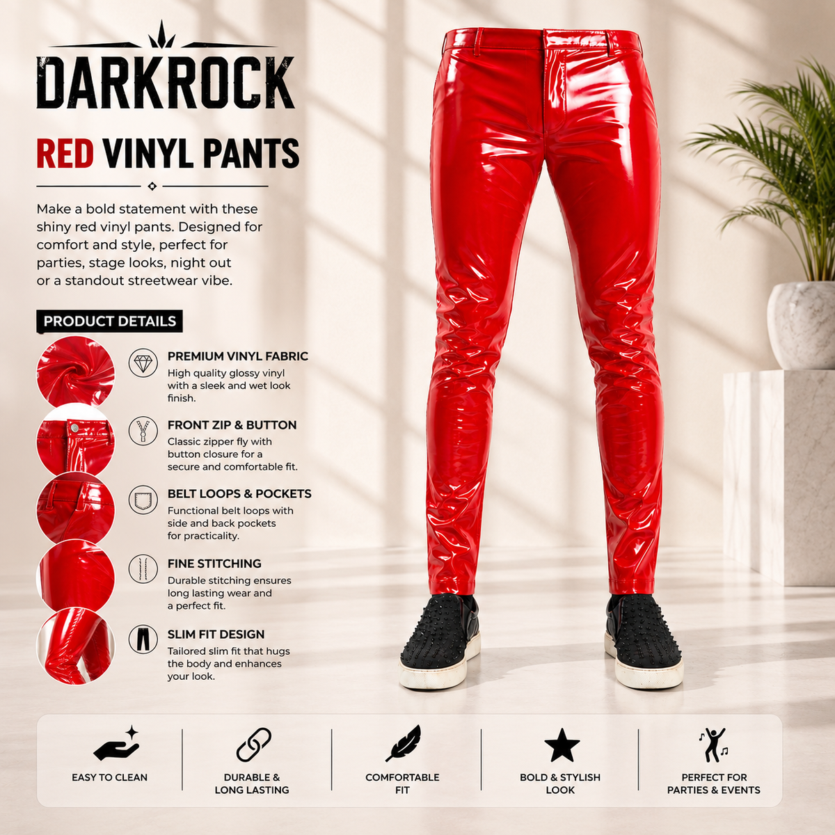 GOTHIC MEN RED BONE FIT PVC VINYL GLOSS FETISH ROCKER SKINNY JEANS PANTS